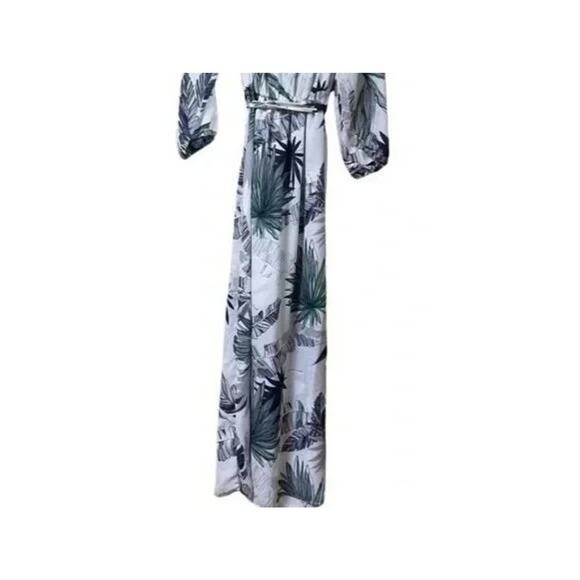 Boho Tropical Palm Print Off Shoulder Maxi Dress 3/4 Sleeve Tie Elastic Waist M - Picture 10 of 12